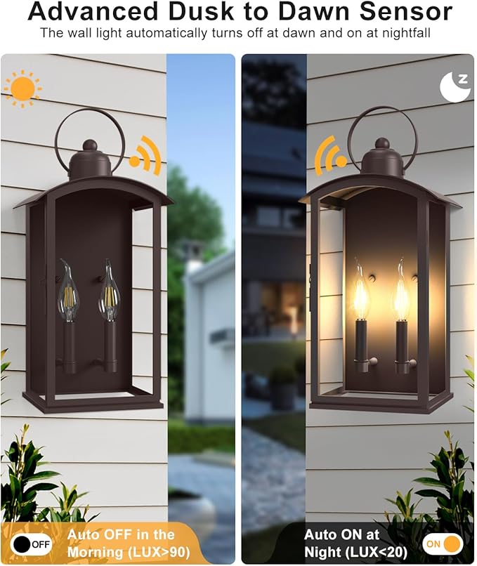 19.7IN Dusk to Dawn Outdoor Wall Light Fixtures,Reddish Brown Exterior Lanterns Waterproof, Large Porch Sconces Wall Mounted Lighting, Modern Front Open Window Wall Lamps for House, Patio