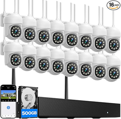 CAMCAMP 16 channel Security Camera System Wireless Cameras for home Security, 360° Auto Tracking, Pan & Tilt App Control, Two-Way Audio, 3 Night Vision, 4K NVR w/ 500GB, CCTV Surveillance Kit(16, CAM)
