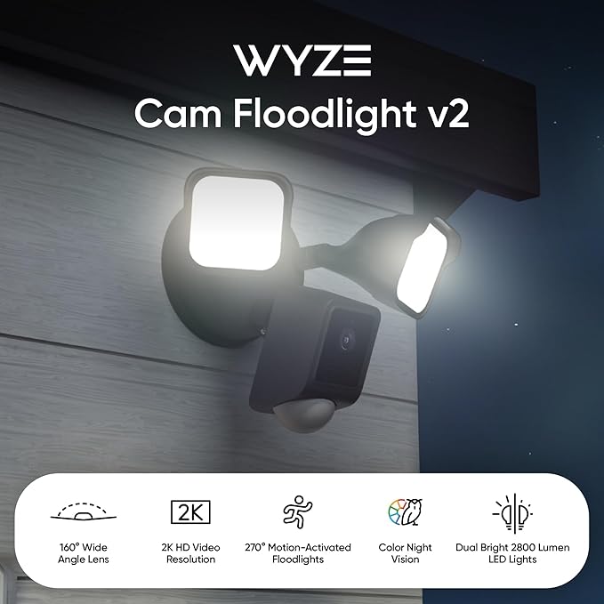 WYZE Floodlight Camera v2, Security Camera Outdoor, 2K HD with Color Night Vision, 2800-Lumen LEDs, 160° Wide View, 105dB Siren, Works with Alexa & Google Assistant, Wired-Black