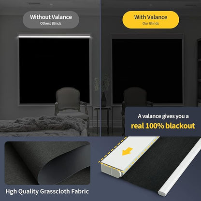 Motorized Smart Blinds With Remote, Grasscloth Fabric Roller Shades With Valance Cover, Cordless Automatic Blackout Electric Blinds for Windows, Black 23" W x 72" H