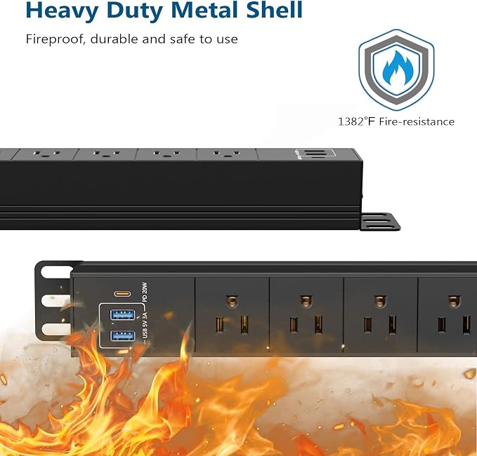 2 Packs 8 Outlet Heavy Duty Power Strip with USB PD 20W, BTU Surge Protector 6FT Cord Long Power Strip with USB A & USB C, Wide Spaced and Wall Mount Metal Powerstrip for Home Office Garage Workshop