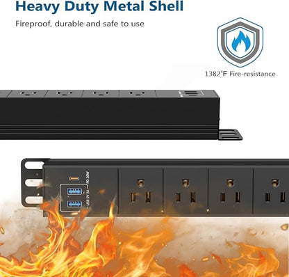 2 Packs 8 Outlet Heavy Duty Power Strip with USB PD 20W, BTU Surge Protector 6FT Cord Long Power Strip with USB A & USB C, Wide Spaced and Wall Mount Metal Powerstrip for Home Office Garage Workshop