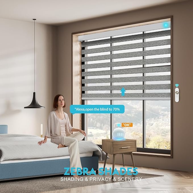 Motorized Zebra Blinds with Remote, Work with HomeKit Alexa, Smart Light Filtering Horizontal Automatic Electric Window Shades for Home Office Customsize(80% Blackout Oceanwave Grey)