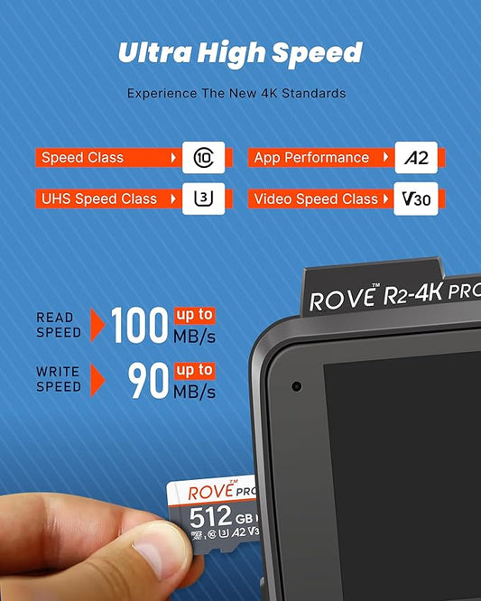 ROVE PRO Micro SD Card microSDXC 512GB Memory Card with Full-Size SD Adapter 100MB/s Read Speed, C10, U3, V30, 4K, A2 for Dash Cam, Android Smart Phones, Tablets, Games