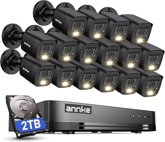 ANNKE 1080P Lite H.265+ 16CH Security Camera System, 5 in 1 Surveillance DVR and 16Pcs 1080P Outdoor Cameras, IP67 Waterproof, 2TB HDD, Smart Dual Light, View Remotely, Motion Detection