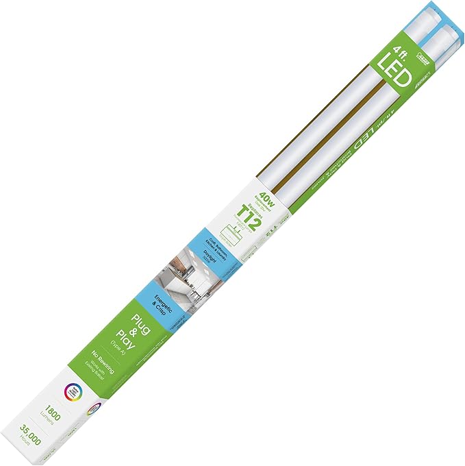 Feit Electric 4ft T12 LED Tube Light, 40W Equivalent, 5000K Daylight, 1800 Lumens, 20W, Ballast Compatible, Shatterproof, 35,000-Hour Lifespan, T1248/850/LEDG2/2, 2 Pack