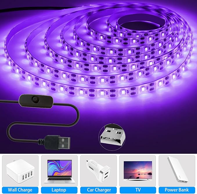 UV LED Strip Lights, 5V USB 9.84ft Black Light with Switch SMD 2835 395nm-405nm IP65 Waterproof Total 180 LEDs Rope Strips for Bar, Halloween Party, Club, Decoration