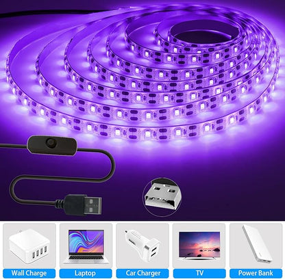UV LED Strip Lights, 5V USB 9.84ft Black Light with Switch SMD 2835 395nm-405nm IP65 Waterproof Total 180 LEDs Rope Strips for Bar, Halloween Party, Club, Decoration
