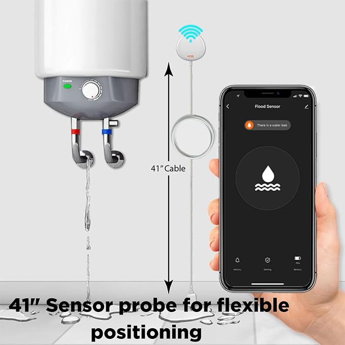 MOBI Smart WiFi Water Leak Detector, App Alerts, Flood Sensor Alarm with 48” Extension Probe, No Hub Required, 24/7 Monitoring for Basement, Kitchen, Bathroom