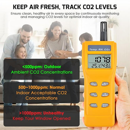 CO2 Meter Portable CO2 Detector Digital CO2 Monitor with Alarm Function Carbon Dioxide Temperature and Humidity Meter, NDIR CO2 Sensor Indoor Air Quality Monitor for Home Office Grow Room