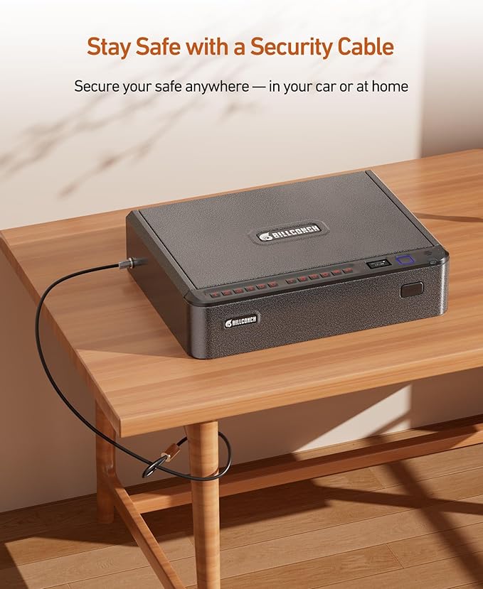 BILLCONCH Smart Gun Safe with Fingerprint, App, Keypad,LCD& Security Cable | Steel Handgun Safe with 4 Quick-Access Methods, Voice Guidance, Built-in LED Light, Ideal for Nightstand, Bedside and Home