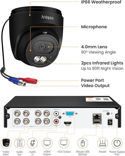 Anlapus 4K Home Security Camera System Outdoor Indoor, H.265+ 8CH CCTV DVR with AI Human Vehicle Detection, 4 x Wired Surveillance Dome Camera, 80ft Night Vision, Audio Recording, Remote Access