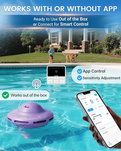 Smart Pool Alarm with App for Inground & Above Ground Pools, Adjustable Sensitivity Water Detection Alarm up to 20x40ft, 85dB+ Safety Alerts for Kids, Pets & Accidental Entry(Purple)