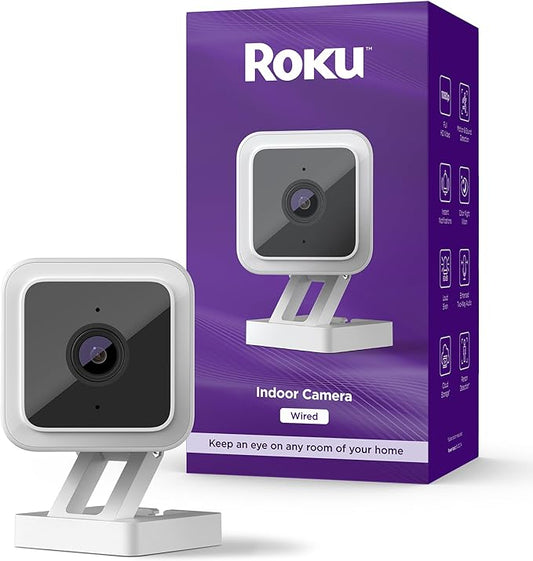 Roku Indoor Camera for Home Security, 1-Pack - Wired Security Camera with 1080p HD Color Night Vision, Compatible with Alexa & Google, Motion & Sound Detection, Built-in Siren,(Renewed)