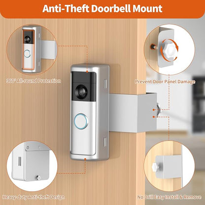 Yaluyo No-Drill Doorbell Mount with Rain Cover, Anti-Theft Door Kits | Compatible with Battery Doorbell/Plus/Pro(2026 Model),Quick Install Doorbell Camera Holder for Apartment, Silver