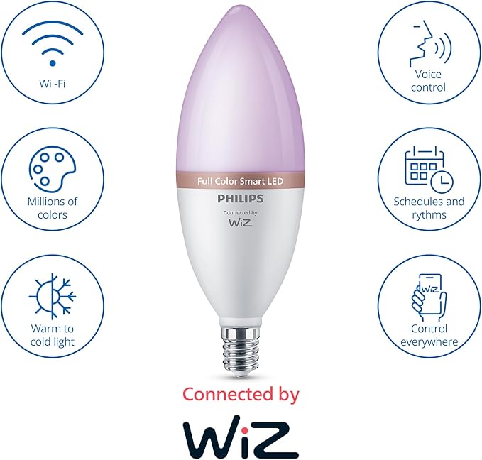 Philips Smart 40W B12 Color LED Smart Candle-Shaped Bulb 4-Pack- E26- Indoor - Connects to Your Existing Wi-Fi - Control with Voice or App + Activate with Motion - Matter Compatible