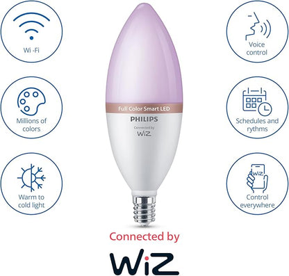 Philips Smart 40W B12 Color LED Smart Candle-Shaped Bulb 4-Pack- E26- Indoor - Connects to Your Existing Wi-Fi - Control with Voice or App + Activate with Motion - Matter Compatible