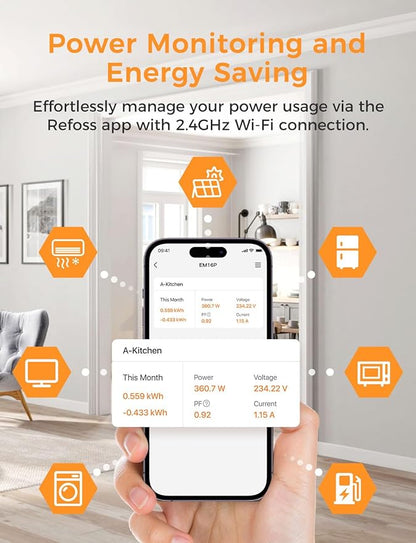 Refoss Smart Home Energy Monitor Real-Time Electricity Usage Monitor with 16x60A Circuit Sensor, Energy Meter, Local Data Storage with Open API & Web UI, Home Assistant, Solar Metering, ETL Certified