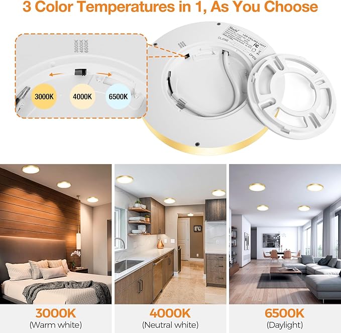 slochi 8PACK LED Flush Mount Ceiling Light Fixture, 3000K-4000K-6500K & 100W Equivalent Modern Kitchen Recessed Ceiling Lamp 15W 1500Lm 7.5 Inch Closet Round Surface for Bathroom Laundry Hallway-Gold