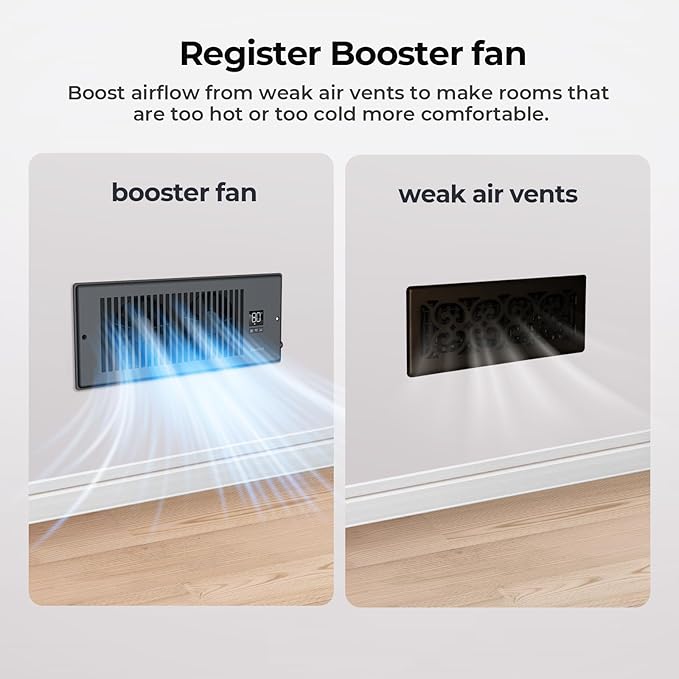 BIOWIND Quiet Register Booster Fan Fits 4" x 12" Register Holes, 10-Speed Smart Heating Cooling AC Vent Fan with Remote Control and Thermostat Control - Black