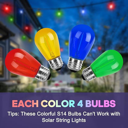 S14 Colored LED String Light Bulbs Replacement 16 Pack, 1W Multi-Color Edison Bulb E26 Medium Base Plastic Shatterproof for Home Outdoor Decor