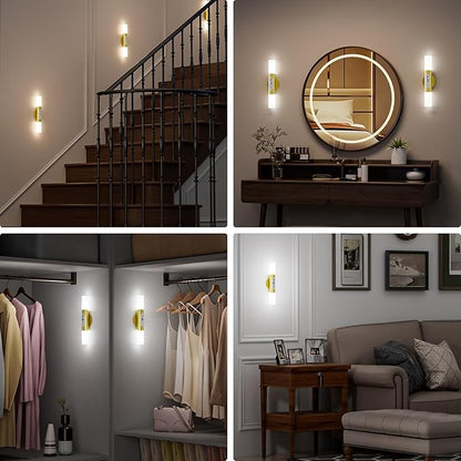 Motion Sensor Wall Sconces with Remote Control, LED Rechargeable Battery Operated Wall Lights Set of Two for Living Room, Indoor Wireless Wall Lamps for Bedroom, Hallway, Stair, Gold 2 Pack