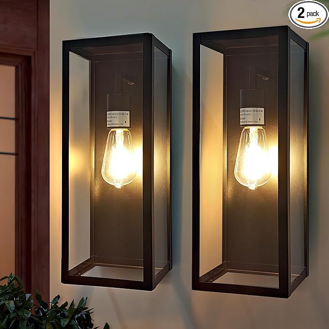 Outdoor Wall Sconce 2 Pack, 15" Outdoor Wall Lights Wall Mount, Matte Black Exterior Lighting Fixtures Anti-Rust Porch Lights with Clear Glass for Front Door, Garage, Entryway