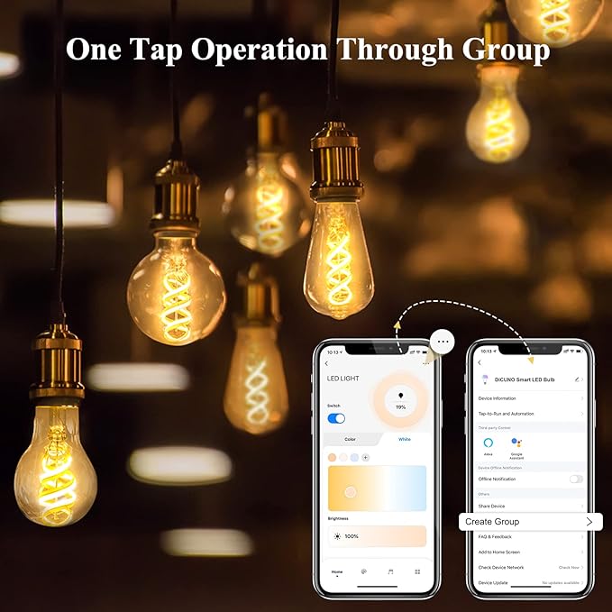 DiCUNO Smart Edison Bulb A19, Color Changing WiFi Smart Light Bulb, Vinatge A60 Filament Bulb Compatible with Alexa & Google, Dimmable with App, 50 Watt Equivalent 450LM, No Hub Required, 2 Pack