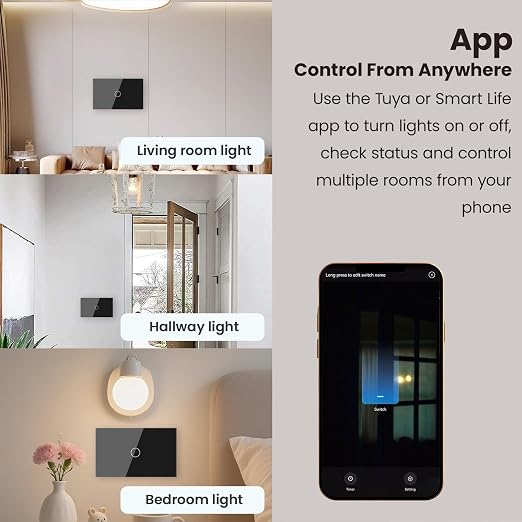 Smart Switch Neutral Wire Optional,APP Control,Black 1 Button | 4.65 X 2.83 X 1.34 Inches,Only 2.4GHz Wi-Fi,Voice Control,Work with Tuya/Smart Life/Alexa,Tempered Glass Panel