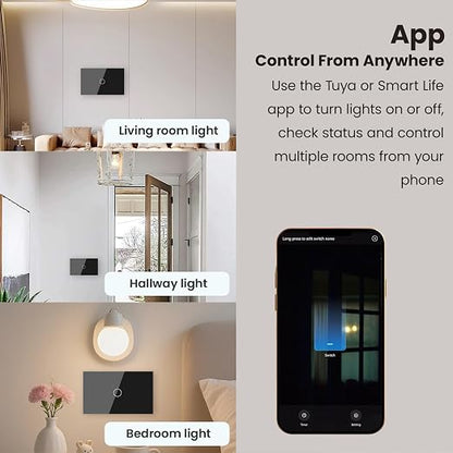 Smart Switch Neutral Wire Optional,APP Control,Black 1 Button | 4.65 X 2.83 X 1.34 Inches,Only 2.4GHz Wi-Fi,Voice Control,Work with Tuya/Smart Life/Alexa,Tempered Glass Panel