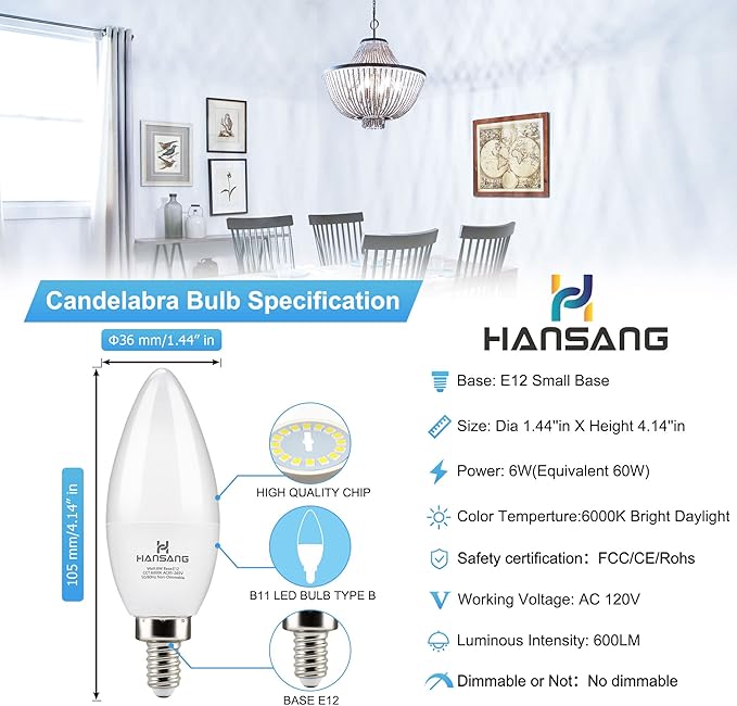 E12 Candelabra LED Light Bulbs 6000K Cool Daylight White, Small Base Type B Light Bulb for Chandelier, 6W 60Watt Equivalent, B11 Ceiling Fan Light Bulbs, 600 Lumen, Non-dimmable, 6 Pack