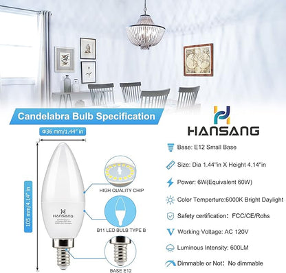 E12 Candelabra LED Light Bulbs 6000K Cool Daylight White, Small Base Type B Light Bulb for Chandelier, 6W 60Watt Equivalent, B11 Ceiling Fan Light Bulbs, 600 Lumen, Non-dimmable, 6 Pack