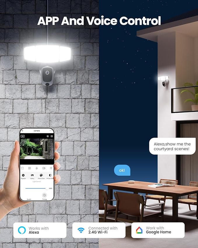 Olafus Floodlight Camera Outdoor – 2K QHD Security Cam with Motion-Activated Flood Lights, Custom Detection Zones, Color Night Vision, 2-Way Talk & 55W Dimmable Lighting White