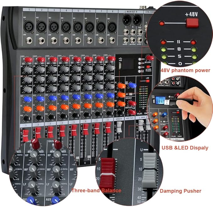 Professional Sound Board Console System 8-Channel Sound Mixing Board USB Pro Studio DJ Sound Controller Voice Mixing Sound Mixing Console Music Recording Equipment for Stage Performance Bar Home Party