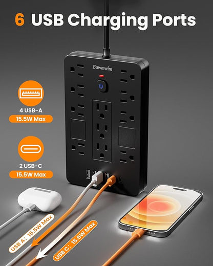 Surge Protector Power Strip - 8 Outlets(1850W/15A/14AWG) with 6 USB Ports（2 USB C, 6FT Flat Plug Extension Cord, Wall Mount Multi Plug Outlet Extender, ETL Listed for Home, Dorm Room, Black