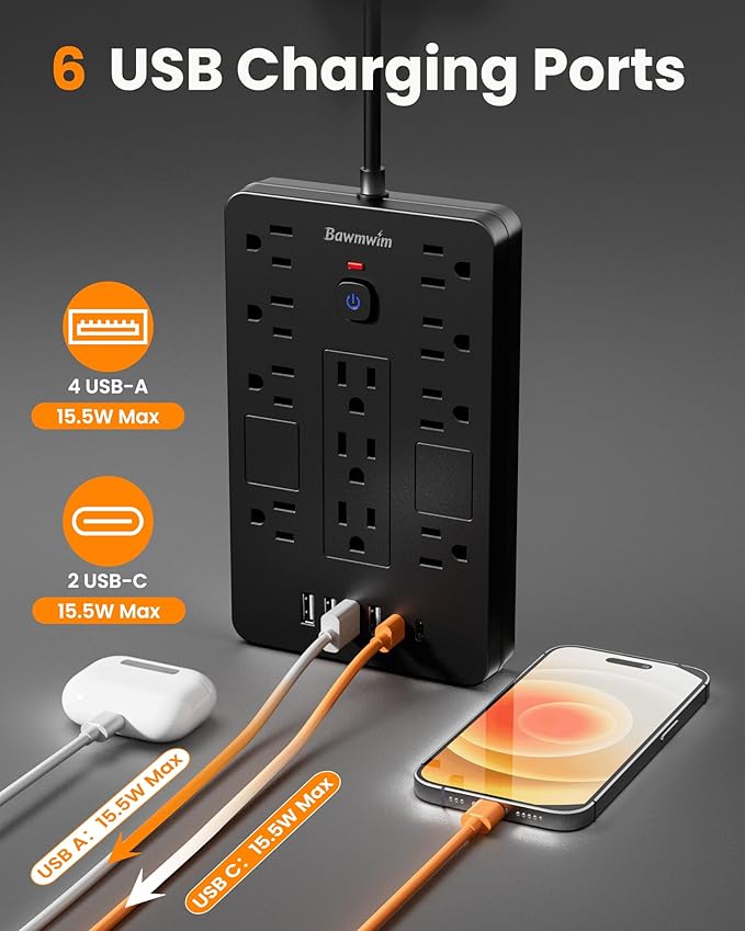 Surge Protector Power Strip - 11 Outlets(1850W/15A/14AWG) with 6 USB Ports(2 USB C), 6FT Flat Plug Extension Cord, Wall Mount, Black, ETL Listed for Home, Dorm Room