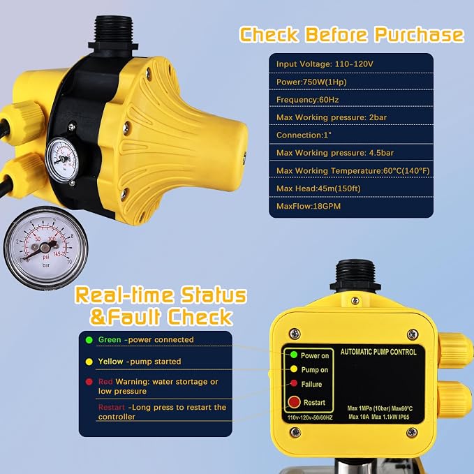 1HP Water Pressure Booster Pump for Home, 1080GPH Smart Control Shallow Well Jet Pump, Stainless Steel Automatic On/Off Sprinkler Pump, 115V Self-Priming Pump for Whole House, Garden, Irrigation