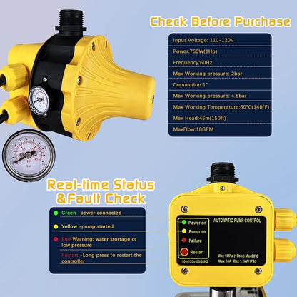 1HP Water Pressure Booster Pump for Home, 1080GPH Smart Control Shallow Well Jet Pump, Stainless Steel Automatic On/Off Sprinkler Pump, 115V Self-Priming Pump for Whole House, Garden, Irrigation
