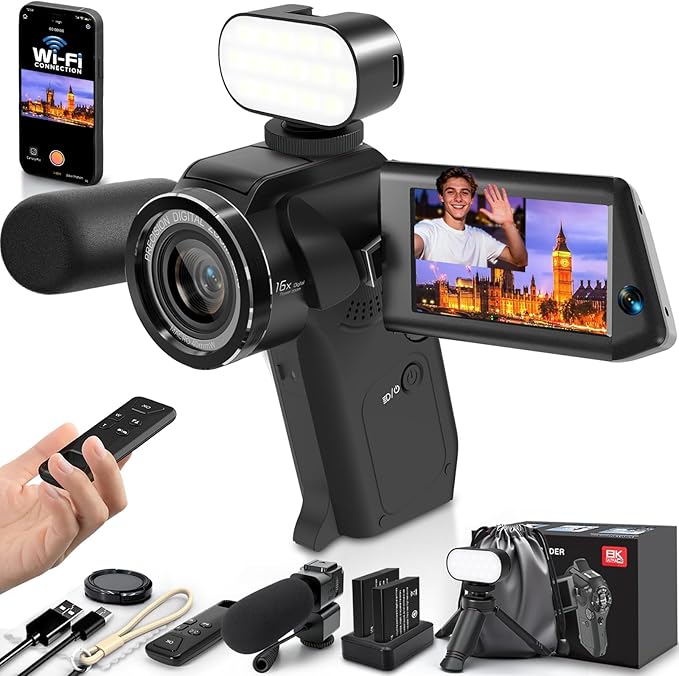 8K Video Camera 75MP Camcorder with WiFi Dual Lens Vlogging Camera for YouTube Rotation Screen Video Recorder with Microphone, Fill Light, Remote Control, mini Tripod, 2 Batteries, Charger