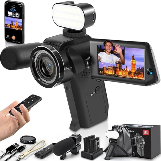 8K Video Camera 75MP Camcorder with WiFi Dual Lens Vlogging Camera for YouTube Rotation Screen Video Recorder with Microphone, Fill Light, Remote Control, mini Tripod, 2 Batteries, Charger
