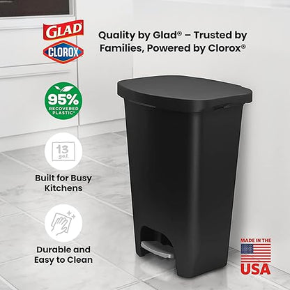 Glad 13 Gallon Trash Can | Plastic Kitchen Waste Bin with Odor Protection of Lid | Hands Free with Step On Foot Pedal and Garbage Bag Rings, Black