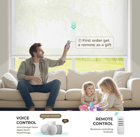 HeyBlinds Motorized Blinds with Remote, Smart Roller Shades with App & Voice Control, Work with Alexa Google HomeKit, Light Filtering Custom Window Shades for Living Room Office (Grace-Perla White LF)