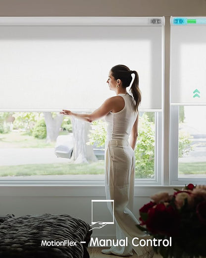 Yoolax Motorized Shades Dual Control, MotionFlex Motorized Roller Shades with App & Manual Control, Pull Down Automatic Shades for Indoor Windows, Custom Size(Light Filtering Pure White)