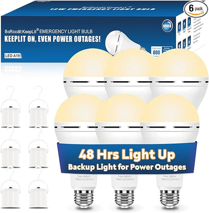 BoRccdit KeepLit 6 Pack Emergency Rechargeable Light Bulbs, 48H Long Lasting & 3 Brightness Power Outage Light,12W 3000K Battery Backup Emergency Light Bulbs for Home Power Failure Hurricane