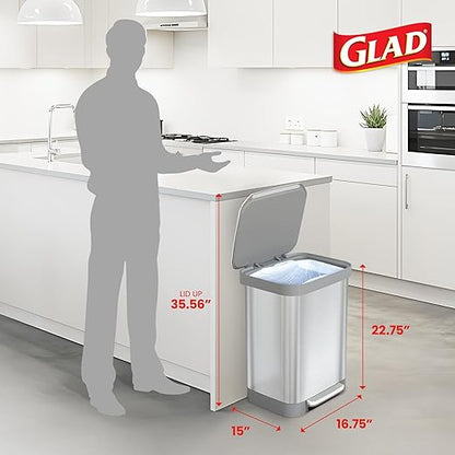 Glad Stainless Steel Step Trash Can, Series 2 with Clorox Protection - Large Metal Kitchen Garbage Bin with Soft Close Lid, Foot Pedal and Waste Bag Roll Holder, 13 Gallon