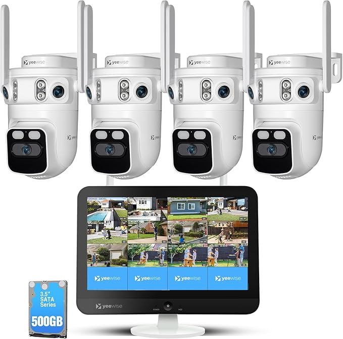 yeewise Triple Lens Wireless Security Camera System with 12" Monitor, 180° Wide View + 360° PTZ AI Tracking, WiFi 6, 16CH NVR, 24/7 Recording, 500GB HDD, No Monthly Fee, Plug-in Power