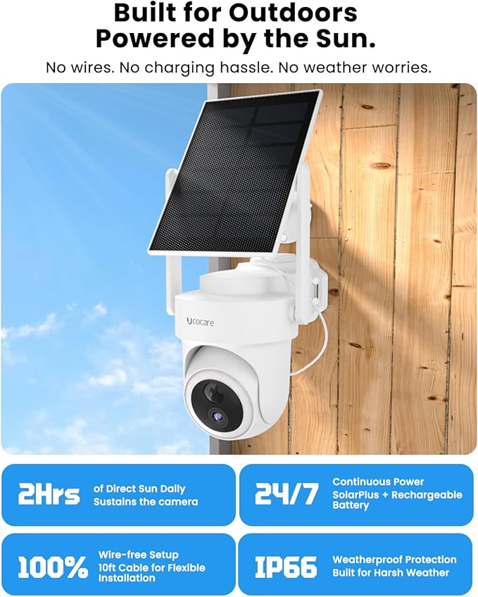 UCOCARE Solar Security Camera System, Stable 300m WiFi Coverage, 4K Solar Cameras for Home Security with Base Station, 64GB TF Card, No Subscription, 360° AutoTracking, 5G & 2.4G WiFi, 2 Cam-Kit