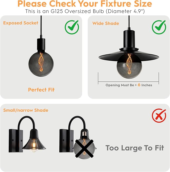 Unique Stained Glass Light Bulbs, Low Lumen Eye-Caring Soft Dim Lighting for Mood (Not Daylight White) 55LM, Oversized Globe Decorative Dimmable LED Bulb 3.5W, E26 Medium Base, Smoke RN G125