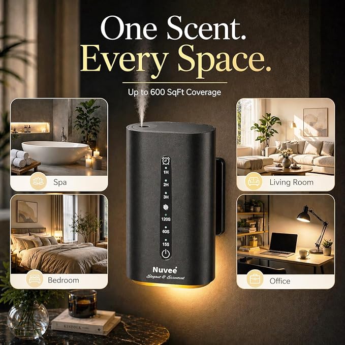 Wall Plug-in Waterless Essential Oil Diffuser, Smart Cold Air Scent Diffuser for Home, App-Controlled, 600 Sq Ft Coverage, Odor Eliminator, Includes 50ml My Way Aromatherapy Oil (Black)