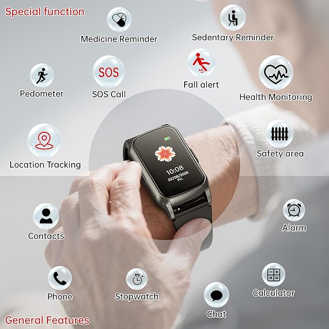Fall Detection Smart Watch for Seniors with GPS Tracking, SOS Alert & HD Video Call, Waterproof Fitness Tracker for Dementia/Alzheimer’s, 4G Safety (Modern, Black)